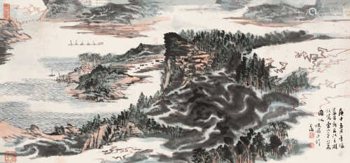 陆俨少 庚申（1980）年作 新安江山水 横批 设色纸本