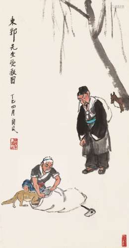 关良  丁巳（1977）年作 东郭先生受教图 立轴 设色纸本