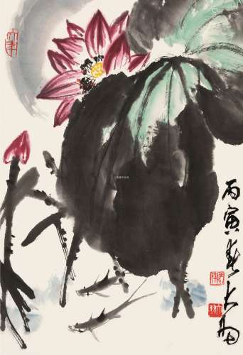 陈大羽 丙寅（1986）年作 荷花游鱼 立轴 设色纸本