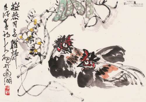 陈大羽 壬戌（1982）年作 双鸡图 镜框 设色纸本