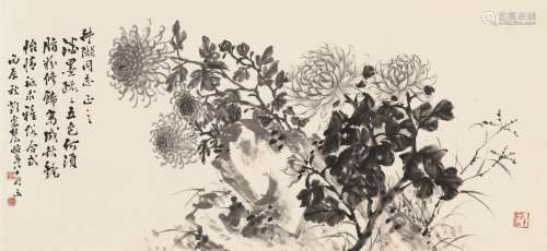 邓怀农 丙辰（1976）年作 菊石图 镜片 水墨纸本