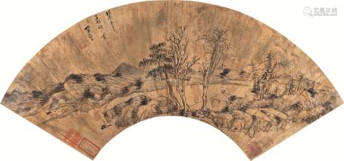 李流芳 戊辰（1628）年作 孤亭疏林 扇面 金笺