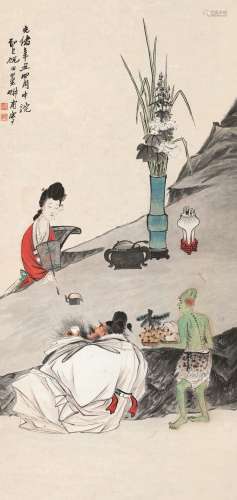 倪田 辛丑（1901）年作 钟馗嫁妹 立轴 设色纸本