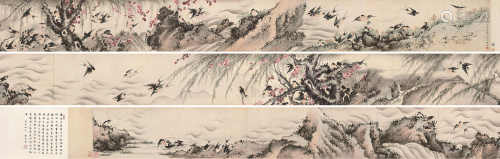 陈沱江 丙辰（1556）年作 杏林百燕图 手卷 设色纸本