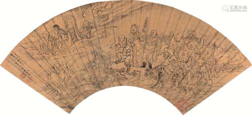 丁云鹏 甲戌（1574）年作 众佛图 扇面 水墨金笺