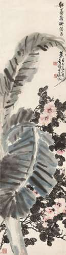吴待秋 壬午（1942）年作 蔷薇芭蕉 镜片 设色纸本