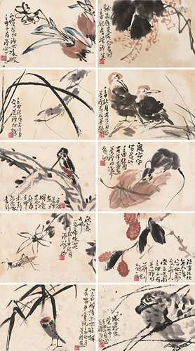 李苦禅 壬申（1932）年作 花鸟册 册页 （十开） 设色纸本