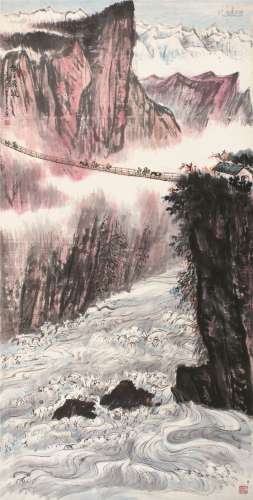 吴一峰 辛酉（1981）年作 怒江飞渡 立轴 设色纸本
