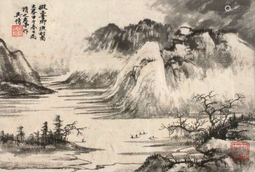 吴湖帆 甲午（1954）年作 渔村图 镜框 水墨纸本