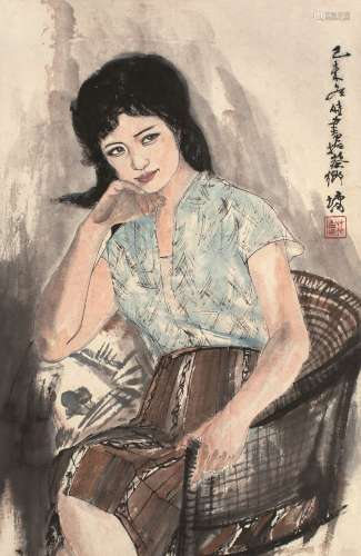 林墉 己未（1979）年作 沉思中的少女 镜片 设色纸本