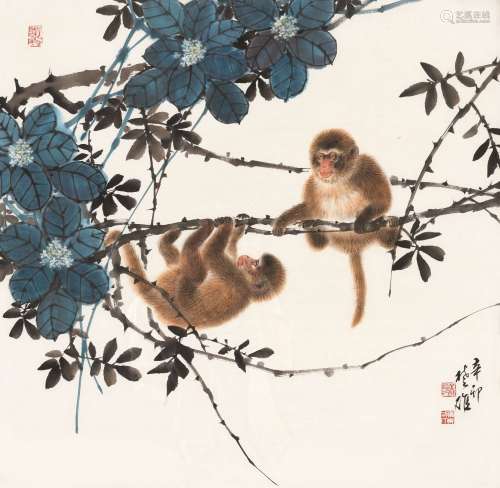 方楚雄  辛卯（2011）年作 双猴图 镜框 设色纸本