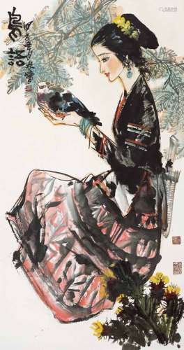 林墉 甲子（1984年）作 鸟语图 镜片 设色纸本