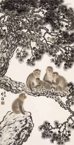 方楚雄 壬辰（2012年）作 松风群猴 镜片 设色纸本