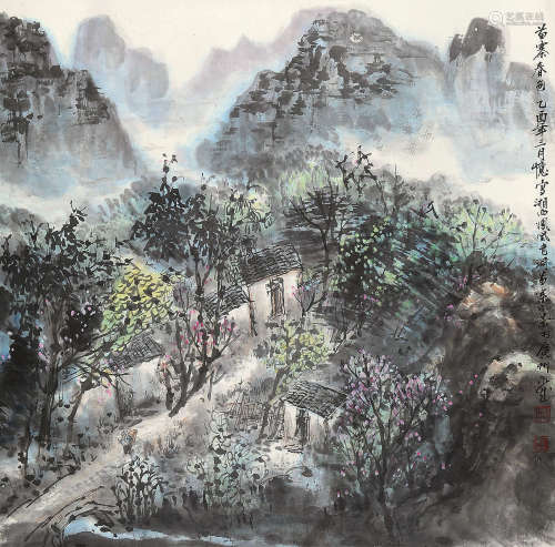 朱永成 乙酉（2005年）作 苗寨春色 镜片 设色纸本