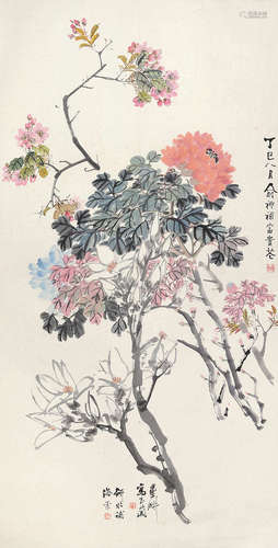 俞礼倪墨耕 丁巳（1917年）作 花卉 立轴 设色纸本