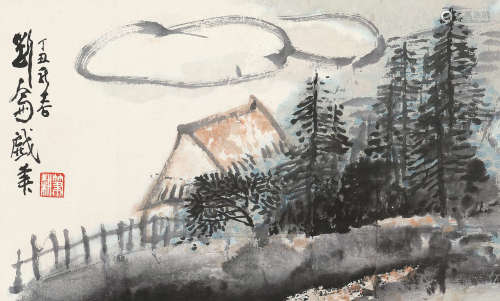 刘仑 丁丑（1997年）作 乡景 镜框 设色纸本