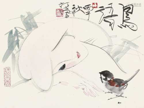 林墉 丙子（1996年）作 鸟语 镜片 设色纸本