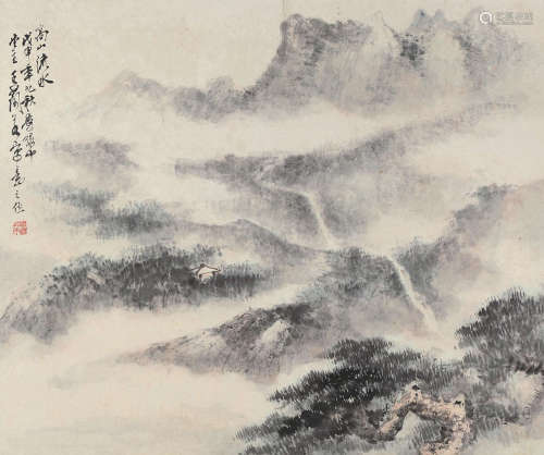 王兰若 戊申（1968年）作 高山流水 镜框 设色纸本