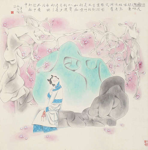 张自启 辛未（1991年）作 飞花满地怨东风 立轴 设色纸本