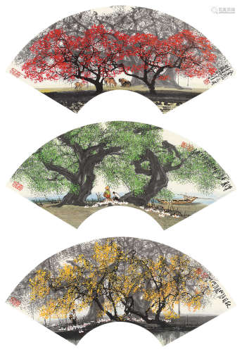 杜应强 壬辰（2012年）作 山水扇面 （三帧） 镜片 设色纸本
