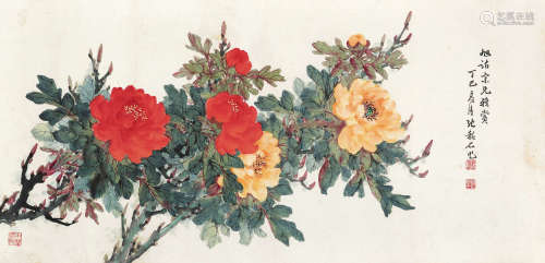 张韶石 丁巳（1977年）作 花卉 镜片 设色纸本
