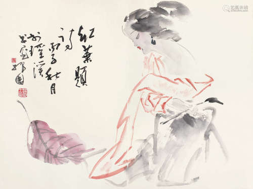 陈振国 丙子（1996年）作 红叶题诗 镜片 设色纸本