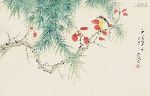 梁纪 乙卯（1975年）作 红叶小鸟翠竹图 立轴 设色纸本