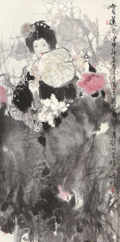 陈政明 甲申（2004年）作 赏莲图 镜片 设色纸本