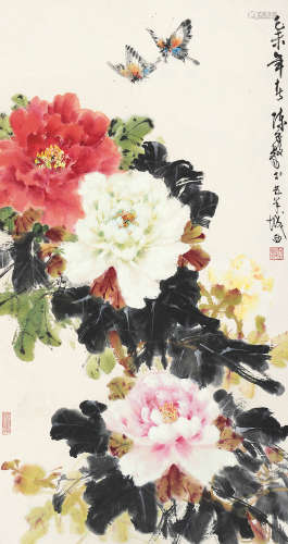 陈子毅 己未（1979年）作 牡丹双蝶 立轴 设色纸本