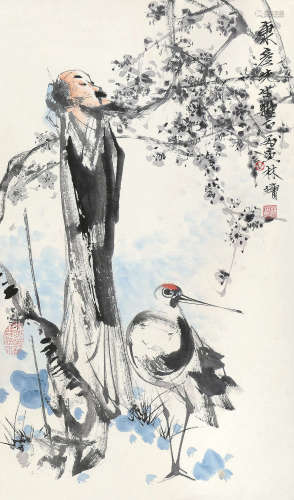林墉 丙寅（1986年）作 梅妻鹤子 立轴 设色纸本