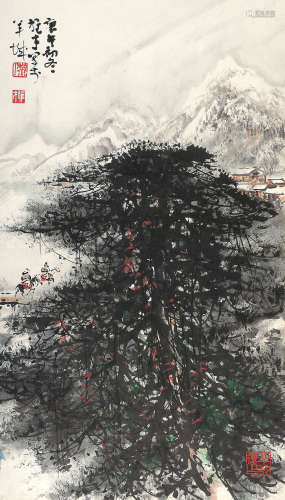 黎雄才 庚午（1990年）作 雪岭双骑图 镜框 设色纸本