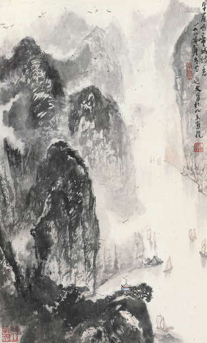杨延文 1980年作 早发白帝城诗意图 镜片 设色纸本