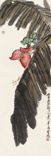 方楚雄 壬戌（1982年）作 芭蕉螳螂 镜片 设色纸本