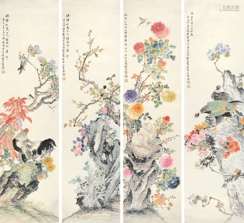 张熊 壬午（1882年）作 花鸟 四屏立轴 设色纸本