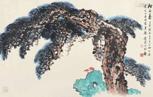 岑学恭 己未（1979年）作 松石寿 镜片 设色纸本