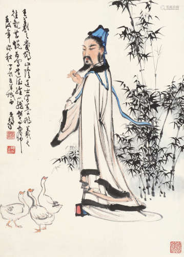 陈子毅 壬戌（1982年）作 王羲之爱鹅 立轴 设色纸本