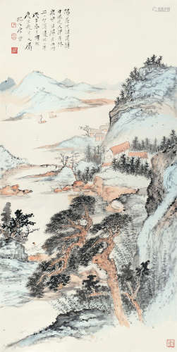 唐云 戊子（1948年）作 仿石涛山水 立轴 设色纸本