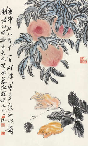 齐白石 庚申（1920年）作 寿桃佛手 立轴 设色纸本