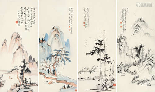 曾熙 己巳（1929年）作 山水 （四屏）立轴×3，镜框×1 设色纸本