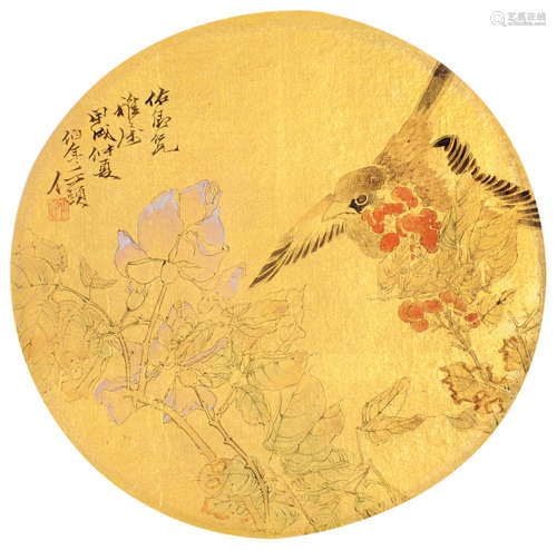 任伯年 甲戌（1874年）作 花鸟 （团扇）镜片 设色绢本