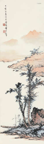 黄君璧 丁亥（1947年）作 山水 镜框 设色纸本