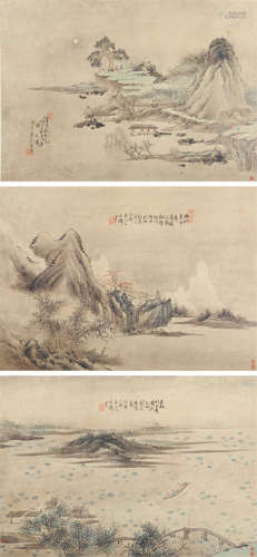 吴石僊 丁酉（1897年）作 山水 （三帧） 镜框 设色纸本