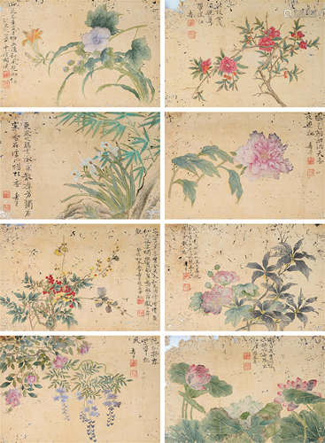 恽南田 癸亥（1683年）作 花卉 镜片 （八开） 设色绢本