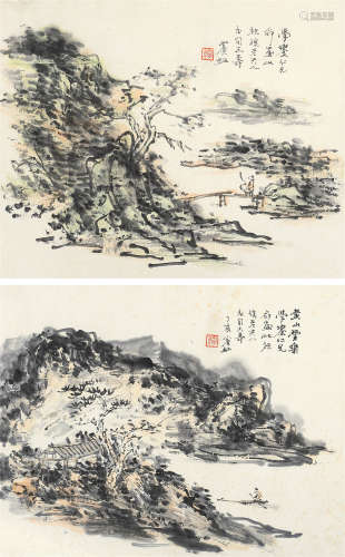 黄宾虹 丁亥（1947年）作 山水 （两帧） 镜片 设色纸本