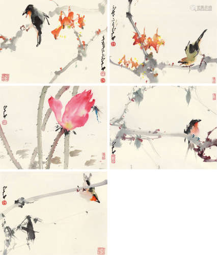 赵少昂 丙辰（1976年）作、辛酉（1981年）作 花鸟 （五帧） 镜片 设色纸本