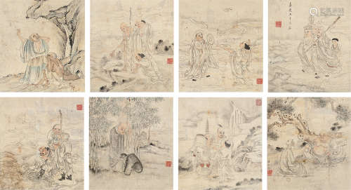畲丹山 1800年作 十八罗汉 镜片 设色纸本