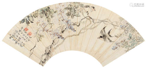 张大壮 丙寅（1926年）作 紫藤小鸟 镜片 设色纸本