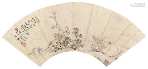 黄明 壬寅（1902年）作 村景 镜片 设色纸本