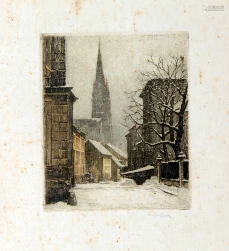《教堂街边雪景》版画 奥地利