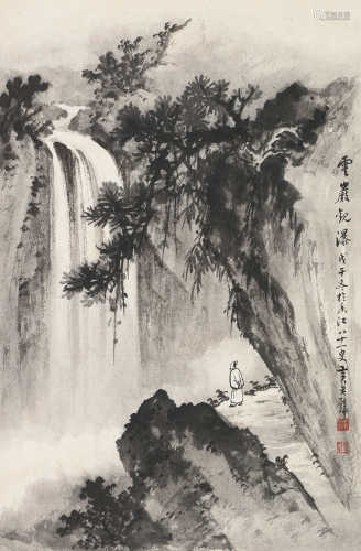 黄君璧 戊午（1978）年作 云岩观瀑 镜片 水墨纸本
